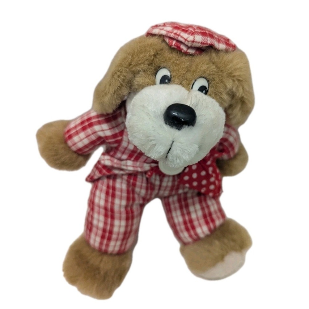 VTG 1992 Commonwealth Toy & Novelty Dog Plush Red Checkered PJs & Nightcap 90s